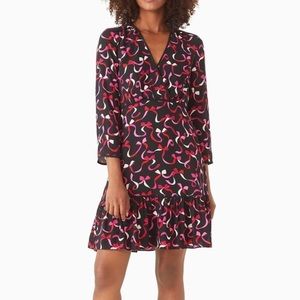 Kate Spade Ribbon Print Black/Pink/Red Midi Dress Size 4